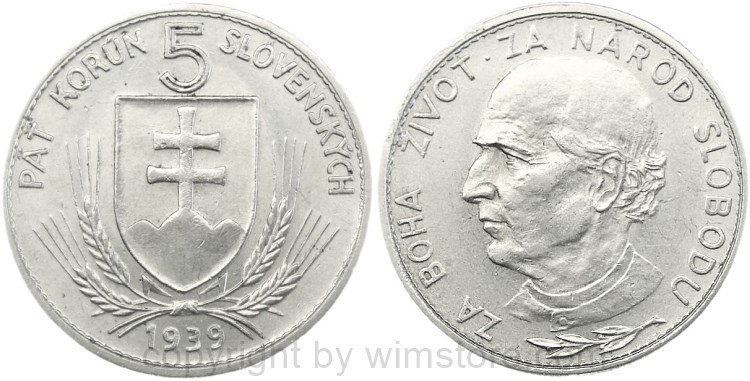 Slowakei, 5 Korun 1939, KM 2, Nickel, -vz