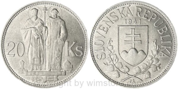 Slowakei, 20 Korun 1941, einfaches Kreuz, KM 7.1, Silber, ss-vz, kl. Randschaden
