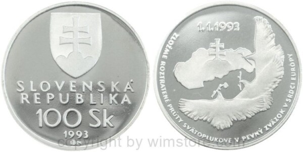 Slowakei, 100 Korun 1993, Ausrufung der Slowakischen Republik, KM 16, Silber, PPII, mit Kapsel