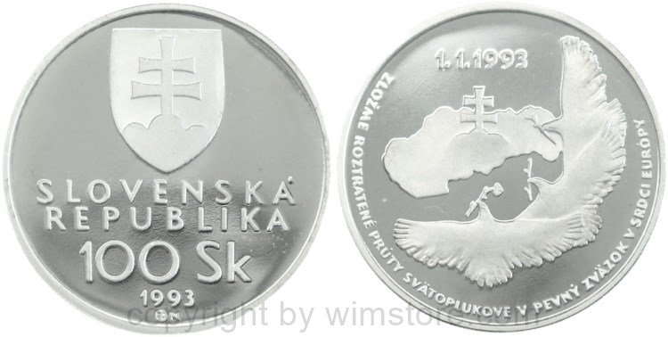 Slowakei, 100 Korun 1993, Ausrufung der Slowakischen Republik, KM 16, Silber, PPII, mit Kapsel