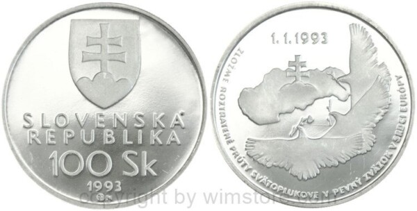 Slowakei, 100 Korun 1993, Ausrufung der Slowakischen Republik, KM 16, Silber, PPII, mit Kapsel
