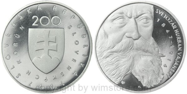 Slowakei, 200 Korun 1997, Svetozár Hurban Vajansky, KM 37, Silber, PPII, mit Kapsel (1800 Ex.)