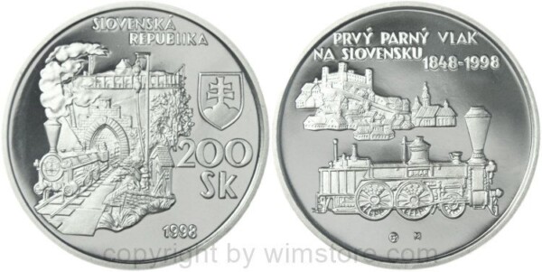 Slowakei, 200 Korun 1998, 150 Jahre Eisenbahn, KM 42, Silber, PPII, mit Kapsel (1800 Ex.)