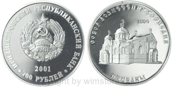 Transnistrien, 100 Rublei 2001, Klosterkirche von Chiskany, 1864, KM 17, Silber, PLII, (1000 Exemplare)