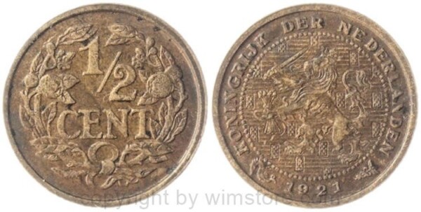 Niederlande, 1/2 Cent 1921, KM 133, Bronze, ss-vz