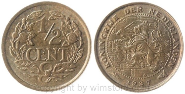 Niederlande, 1/2 Cent 1937, KM 133, Bronze, vz