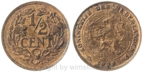 Niederlande, 1/2 Cent 1938, KM 133, Bronze, vz
