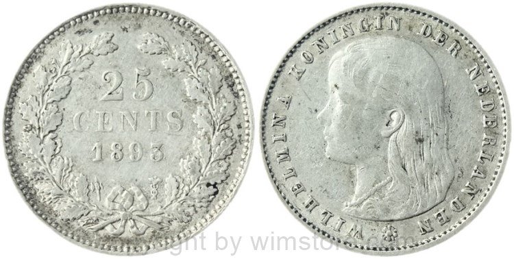 Niederlande, 25 Cents 1893, KM 157, Silber, s-ss, Bürstspuren
