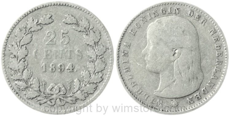 Niederlande, 25 Cents 1894, KM 157, Silber, gering