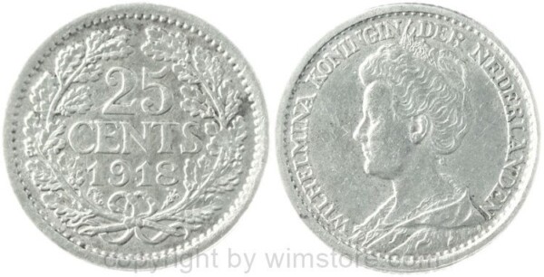 Niederlande, 25 Cents 1918, KM 146, Silber, ss-vz