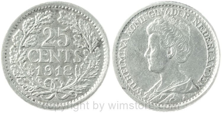 Niederlande, 25 Cents 1918, KM 146, Silber, ss-vz