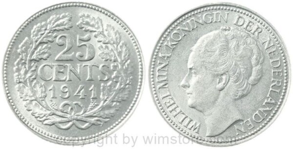 v36647 Niederlande, 25 Cents 1941, KM 164, Silber, vz