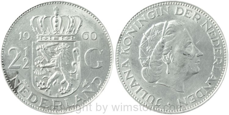 Niederlande, 2 1/2 Gulden 1960, KM 185, Silber, vz+
