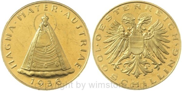 1. Republik, 100 Schilling 1936, Her 14, Gold, vz