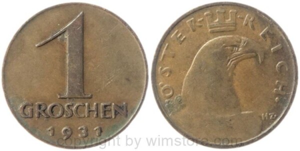 1. Republik, 1 Groschen 1931, J 424, Bronze, ss