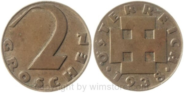 1. Republik, 2 Groschen 1938, J 425, Bronze, ss