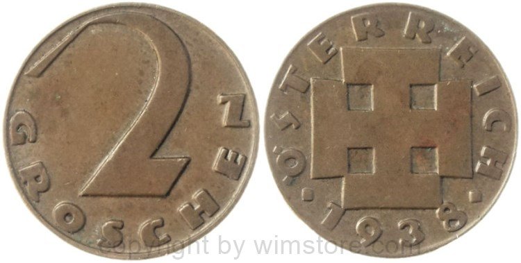 v36691 1. Republik, 2 Groschen 1938, J 425, Bronze, ss