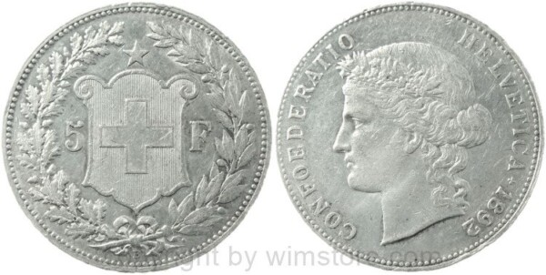 Schweiz, 5 Franken 1892 B, KM 34, Silber, ss-vz
