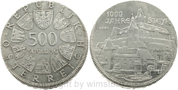 2. Republik, Fehlprägung, 500 Schilling 1980, 1000 Jahre Steyr, KM 2847, Silber, dezentriert