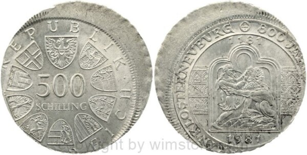 2. Republik, Fehlprägung, 500 Schilling 1981, 800 Jahre Verduner Altar in Klosterneuburg, KM 2951, Silber, dezentriert
