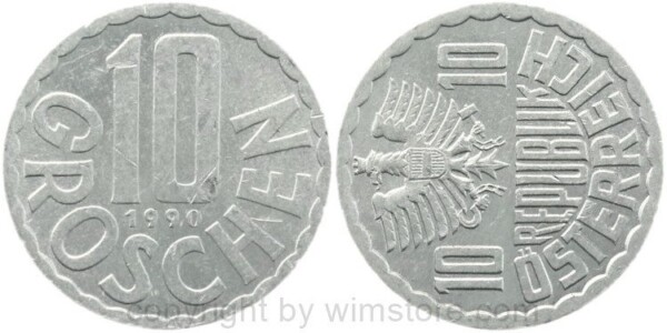 2. Republik, Fehlprägung, 10 Groschen 1990, KM 2878, Aluminium, Stempeldrehung