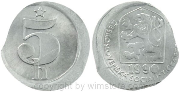 Tschechoslowakei, Fehlprägung, 5 Haleru 1990, KM 86, Aluminium, möglicherweise auf Schrötling von KM 53, 0,76 Gramm, grober Prägefehler