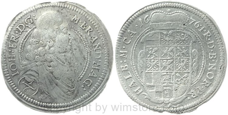 Brandenburg Ansbach, 1/6 Taler 1676, Johann Friedrich 1667-1686, Silber, s, fleckig