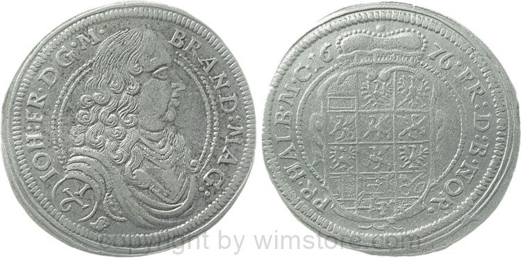 Brandenburg Ansbach, 1/6 Taler 1676, Johann Friedrich 1667-1686, Silber, ss, etwas geglättet