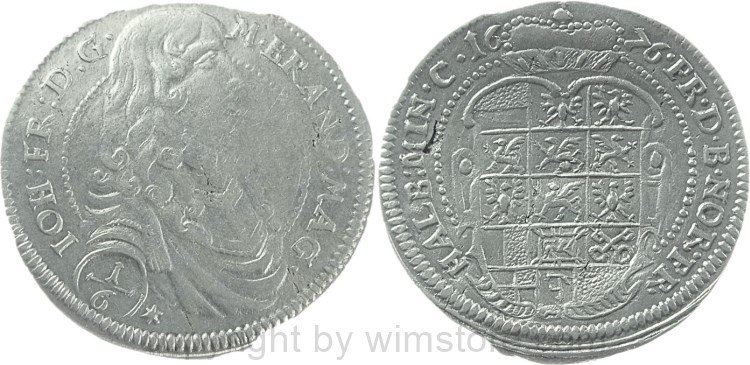Brandenburg Ansbach, 1/6 Taler 1676, Johann Friedrich 1667-1686, Silber, ss, kl. Sf., Randausbruch