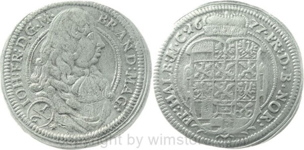 Brandenburg Ansbach, 1/6 Taler 1677, Johann Friedrich 1667-1686, Silber, ss