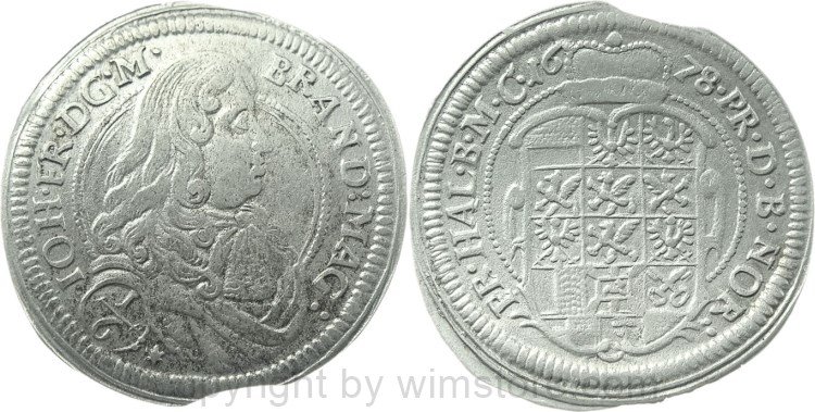 Brandenburg Ansbach, 1/6 Taler 1678, Johann Friedrich 1667-1686, Silber, -ss, Zainende