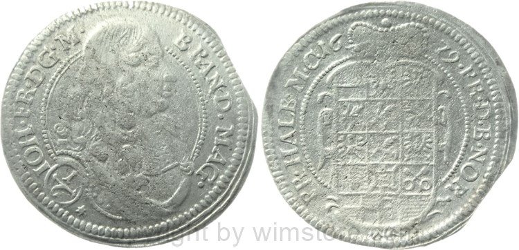 Brandenburg Ansbach, 1/6 Taler 1679, Johann Friedrich 1667-1686, Silber, s, Zainende