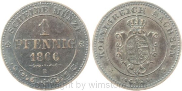 Sachsen Albertinische Linie, 1 Pfennig 1866, KM 1216, Kupfer, ss