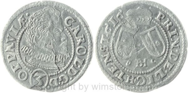 Schlesien-Troppau Jägerndorf, 3 Kreuzer (Krajcar) 1616 BH, Karl von Lichtenstein 1614 - 1627, Silber, s