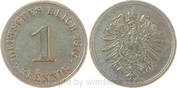 Deutsches Kaiserreich, 1 Pfennig 1876 C, KM 1, Kupfer, ss