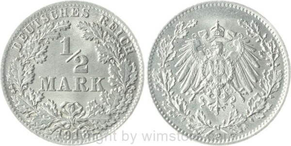 Deutsches Kaiserreich, 1/2 Mark 1918 D, KM 17, Silber, -st