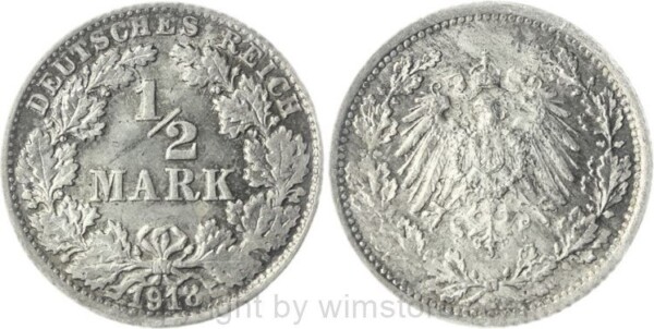 Deutsches Kaiserreich, 1/2 Mark 1918 F, KM 17, Silber, -st, gedunkelt