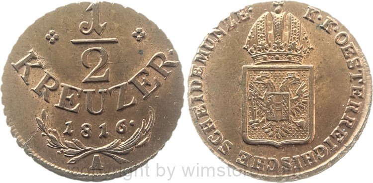Franz II./I., 1/2 Kreuzer 1816 A, Wien, Her 1114, Kupfer, -st