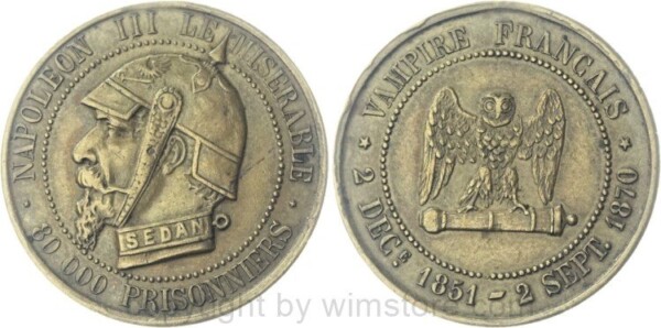 Frankreich, Satirische Medaille zu 5 Su 1870, Schlacht v. Sedan, * NAPOLEON III LE - MISERABLE * / 80 000 PRISONNIERS //* VAMPIRE FRANÇAIS */ 2 DECE 1851 - 2 SEPT. 1870., 7,1g, Dm. 2,7 cm., Bronze, vz