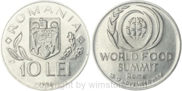 Rumänien, 10 Lei 1996, Welternährungskonferenz, KM 126, Stahl vernickelt, st