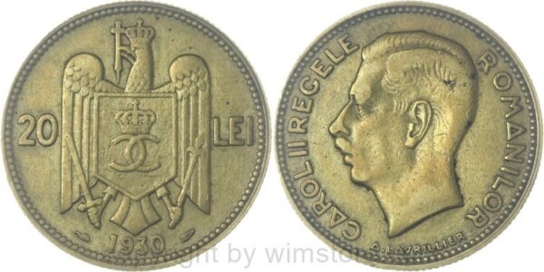 Rumänien, 20 Lei 1930p, KM 51, Ni/Me, ss, gereinigt