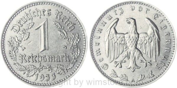 3. Reich, 1 Reichsmark 1933 A, KM 78, Nickel, ss