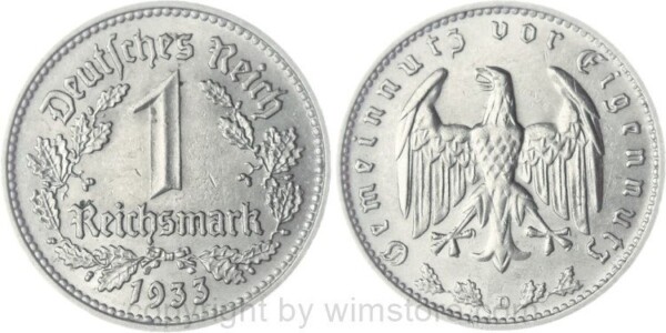 3. Reich, 1 Reichsmark 1933 D, KM 78, Nickel, ss