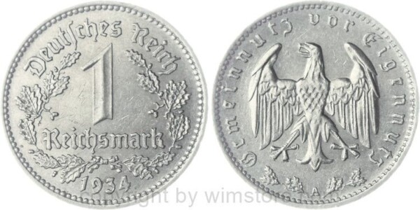 3. Reich, 1 Reichsmark 1934 A, KM 78, Nickel, ss