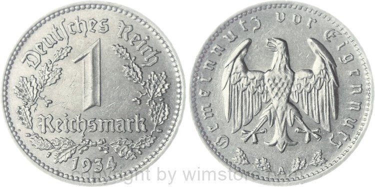 3. Reich, 1 Reichsmark 1934 A, KM 78, Nickel, ss
