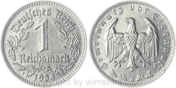 3. Reich, 1 Reichsmark 1934 A, KM 78, Nickel, ss