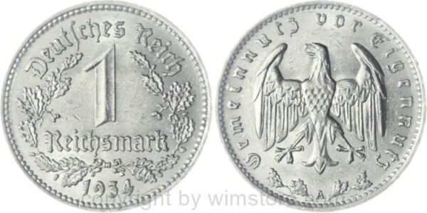 3. Reich, 1 Reichsmark 1934 A, KM 78, Nickel, ss