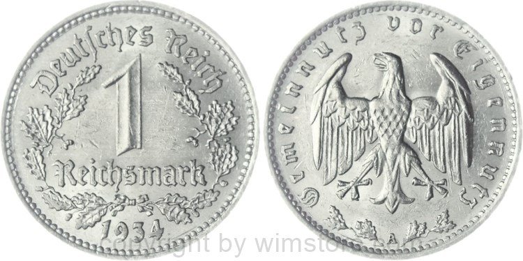 3. Reich, 1 Reichsmark 1934 A, KM 78, Nickel, ss