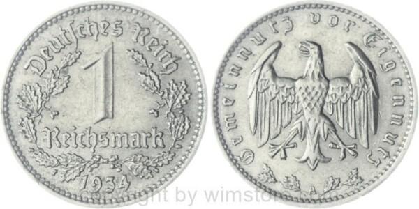 3. Reich, 1 Reichsmark 1934 A, KM 78, Nickel, ss