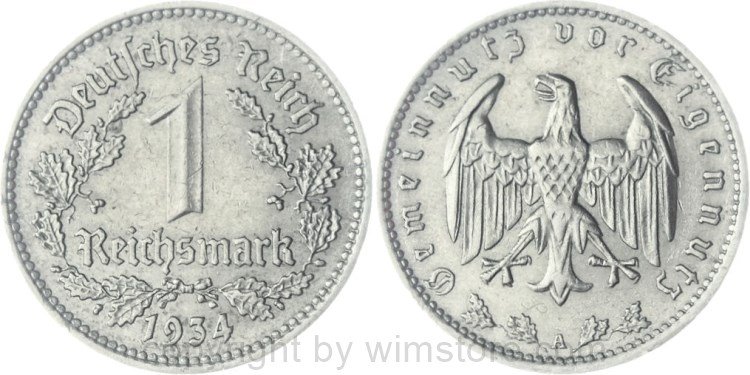 3. Reich, 1 Reichsmark 1934 A, KM 78, Nickel, ss